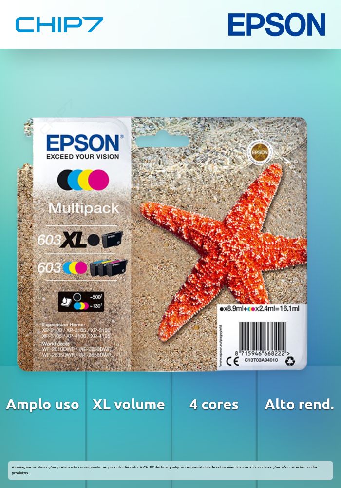 Tinteiro EPSON 603 Multipack 4 Cores XL - XP-2100/2105/3100/3105/4100/4105, WF-28xx