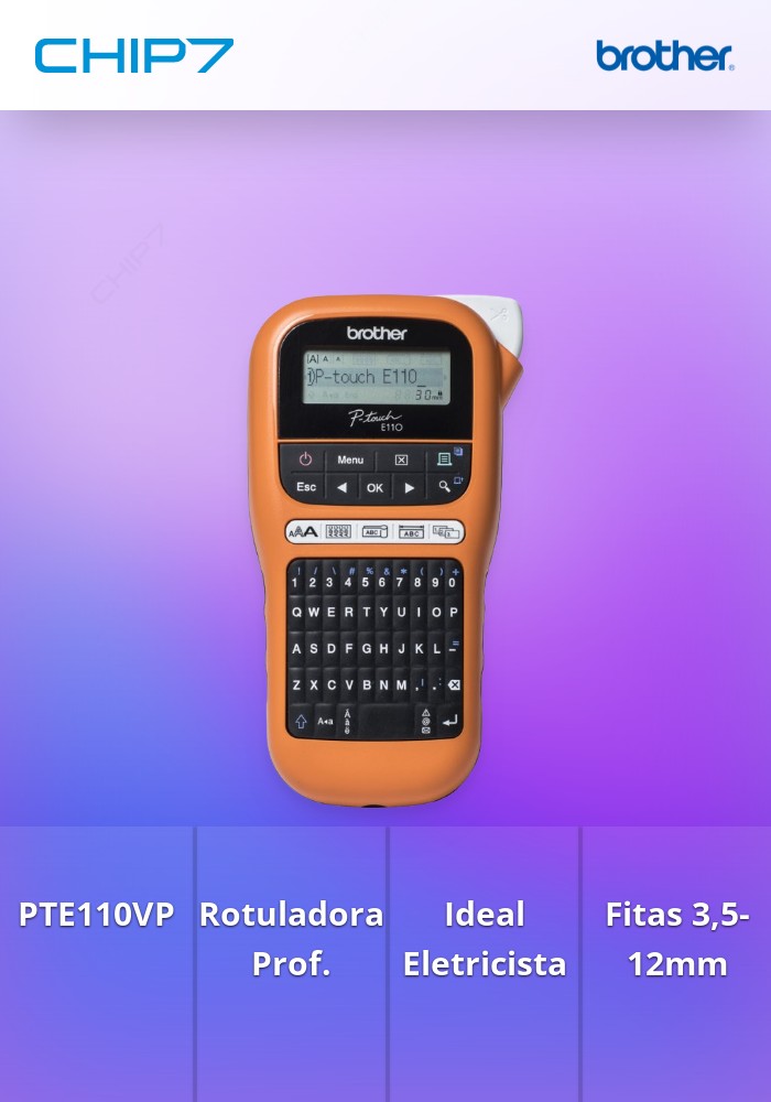 PTE110VP - Rotuladora Eletrónica portátil profissional ideal para eletricistas e instaladores, Larguras de fita: 3,5 / 6 / 9 / 12mm