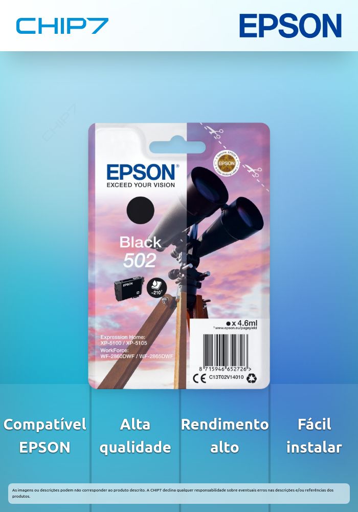 EPSON TINTEIRO PRETO 502 XP5100 XP5105 WF-2860DWF WF-2865DWF #PROMO# ATÉ FINAL S