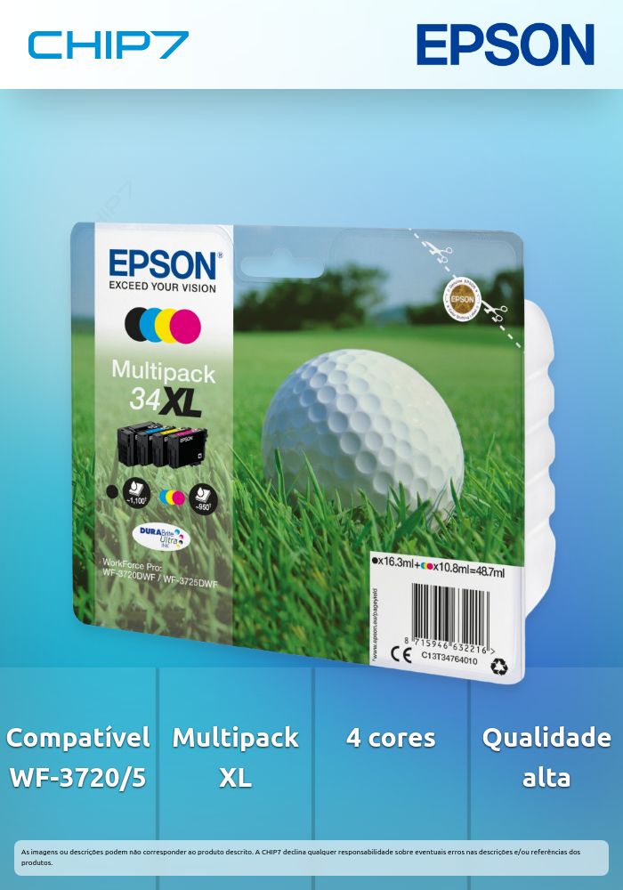Tinteiro EPSON 34 Multipack 4 Cores XL - WorkForce Pro WF-3720/5