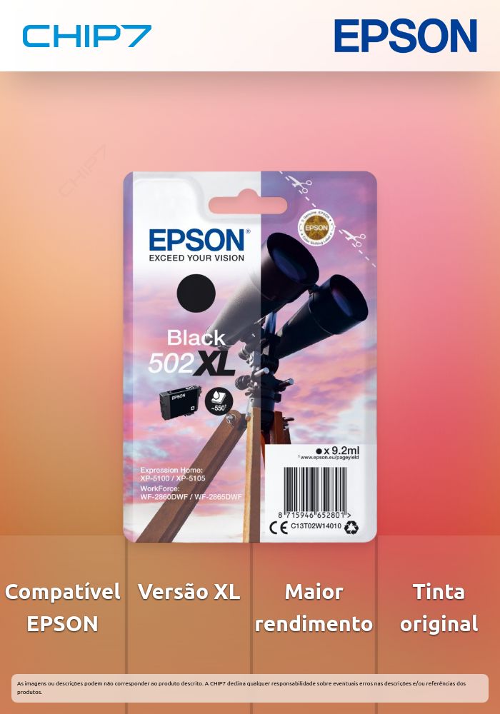 Tinteiro EPSON 502 Preto XL - XP-51xx, WF-286x