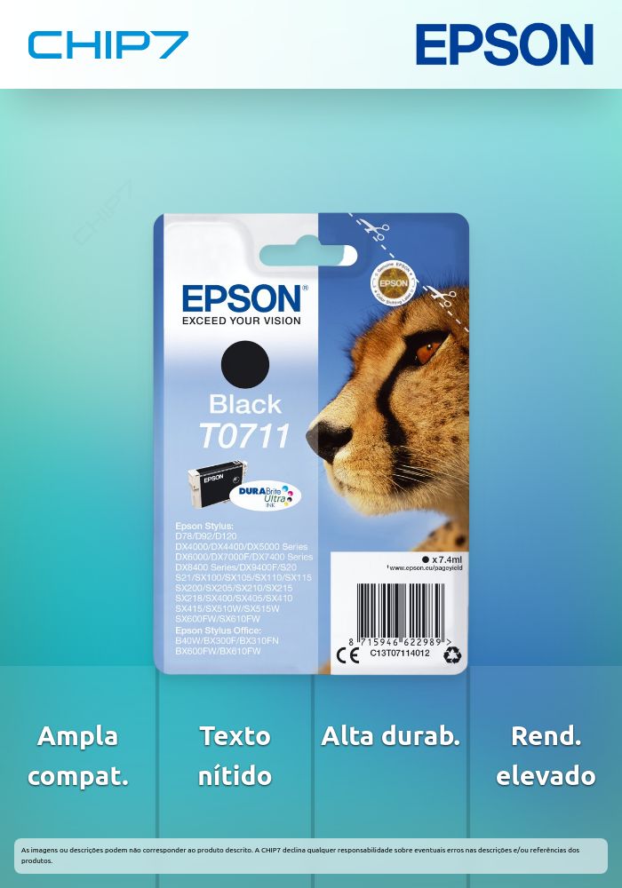 Tinteiro EPSON T0711 Preto - B40/110, BX3xx/600, D120, DX74xx/84xx/9400, SX2xx/4xx5/5xx/6xx