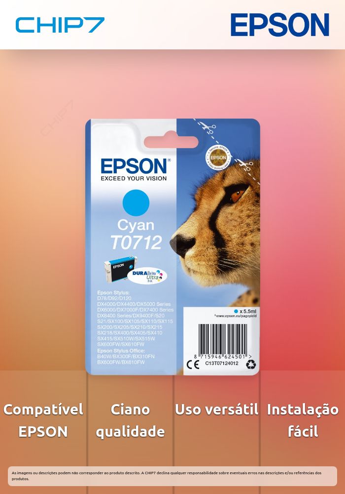 Tinteiro EPSON T0712 Ciano - B40/110, BX3xx/600, D120, DX74xx/84xx/9400, SX2xx/4xx5/5xx/6xx
