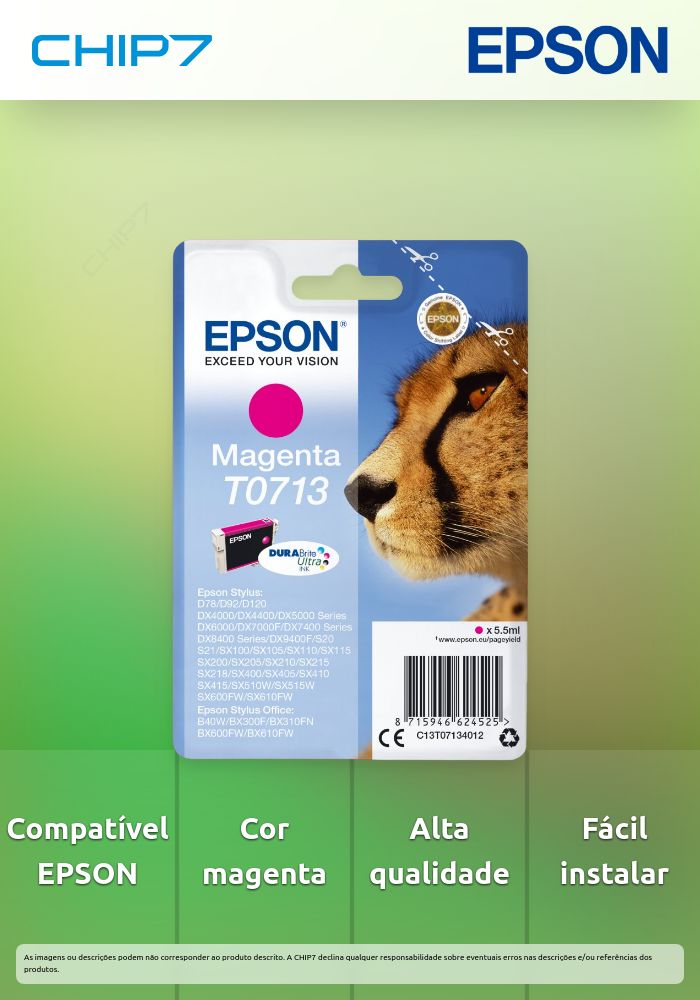 Tinteiro EPSON T0713 Magenta - B40/110, BX3xx/600, D120, DX74xx/84xx/9400, SX2xx/4xx5/5xx/6xx