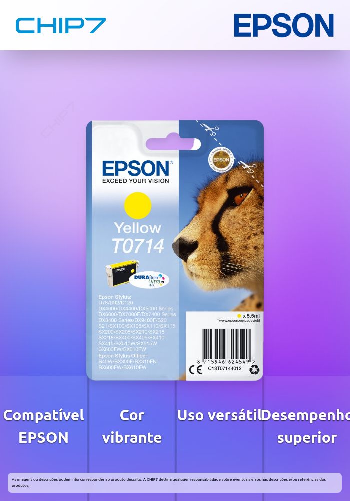 Tinteiro EPSON T0714 Amarelo - B40/110, BX3xx/600, D120, DX74xx/84xx/9400, SX2xx/4xx5/5xx/6xx
