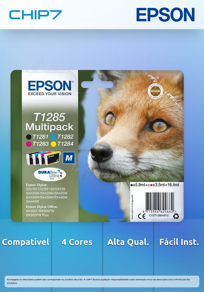 Tinteiro EPSON T1285 Multipack 4 Cores - BX305, S22, SX125/130/230/235/4xx