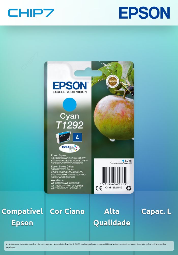 Tinteiro EPSON T1292 Ciano L - Stylus B42,BX3xx/5xx/6xx/9xx,SX4xx/5xx/620