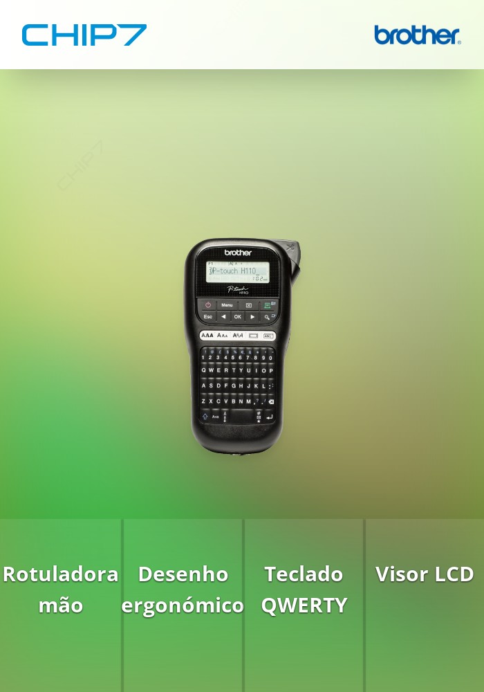 PTH110 - Rotuladora eletrónica de mão com desenho ergonómico para casa ou para o escritório com teclado QWERTY e visor LCD, Larguras de fitas: 3,5 / 6 / 9 / 12mm - Cor Preto