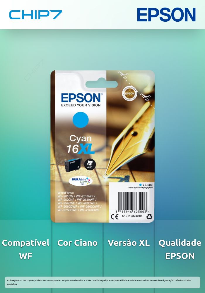 Tinteiro EPSON 16 Ciano XL - WF-2010/251xx/26xx/27xx