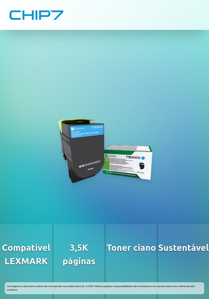 Toner LEXMARK 71B2HC0 Ciano de Retorno 3,5K a 5% - CS417, CS517, CX417, CX517