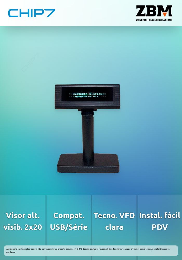 Visor de Cliente ZONERICH 2x20 Linhas, USB/Série - VFD510