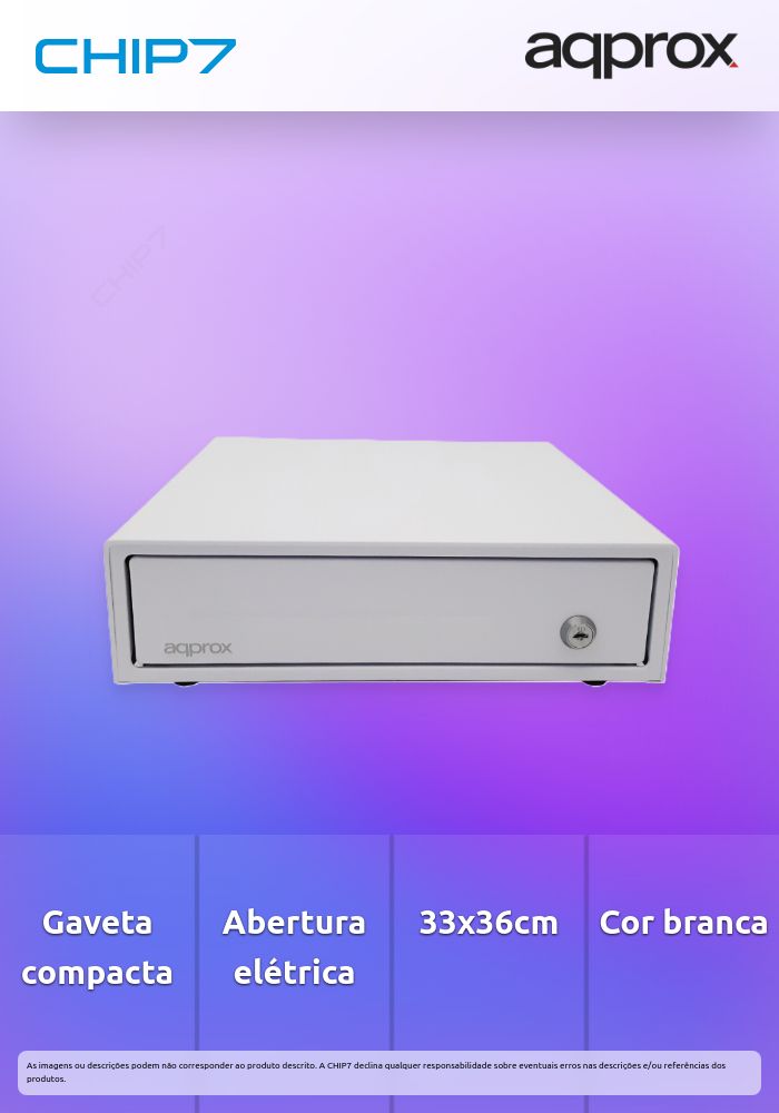 Gaveta de dinheiro APPROX CASH33WH Compacta & Elétrica 33x36cm, Branca