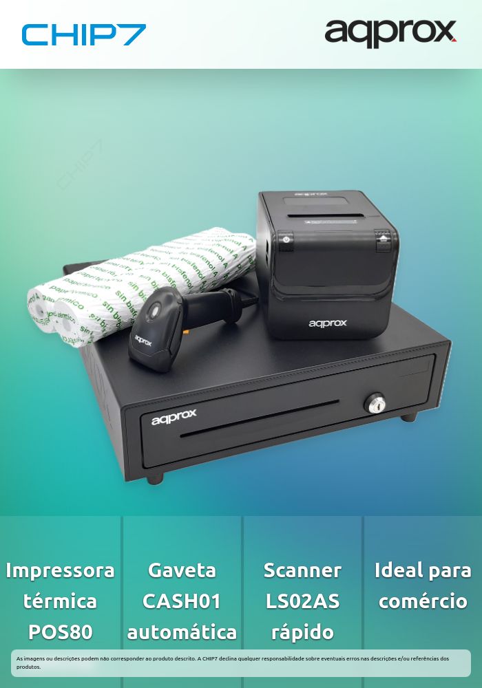 Pack POS APPROX 4180 - Impressora POS80AMUSE + Gaveta CASH01 + Scanner LS02AS + Rolo