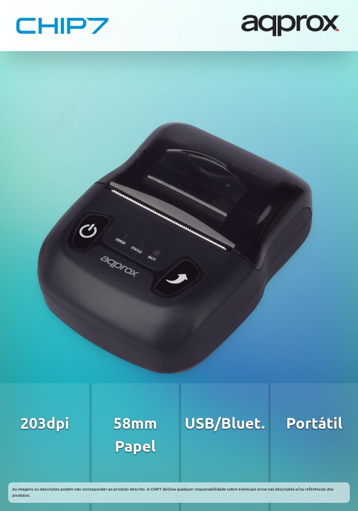 Impressora APPROX Térmica Portátil 203dpi 58mm, Preto - USB / Bluetooth