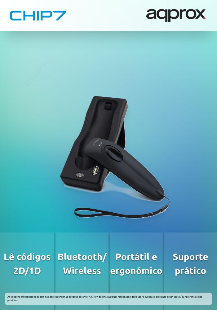 Leitor Códigos de barras APPROX Portátil 2D LS10 c/ suporte, Preto - Bluetooth/Wireless