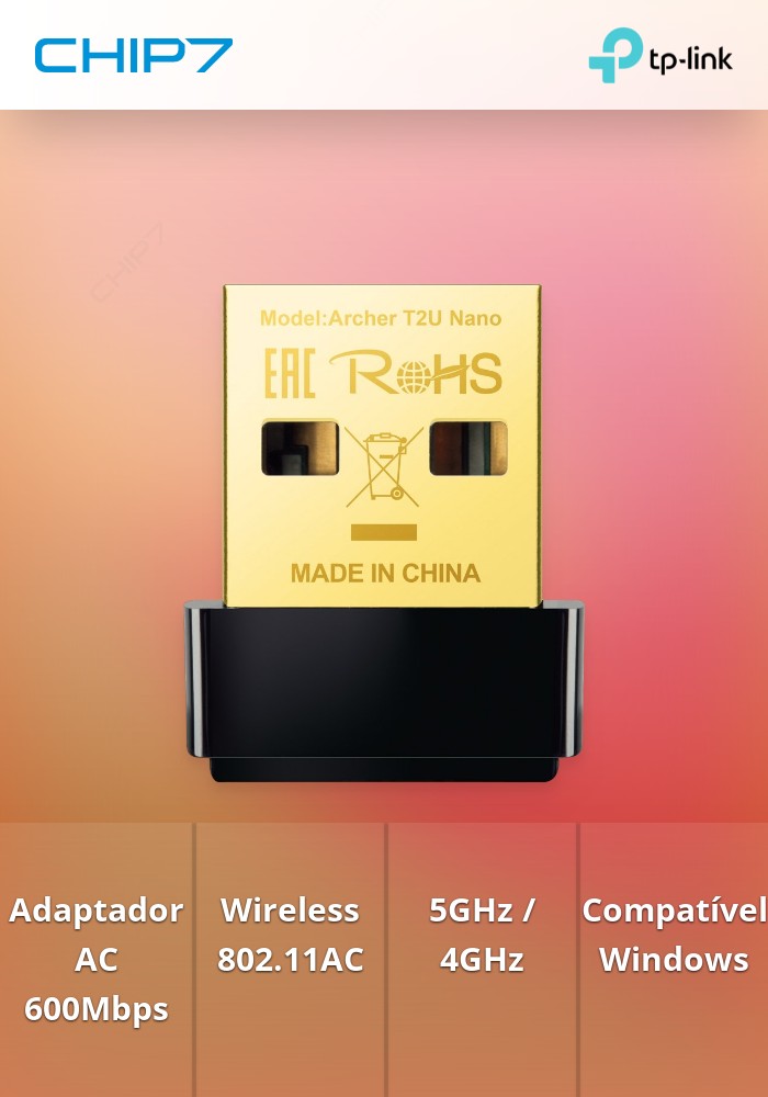 Adaptador USB Wireless Dual Band AC 600Mbps TP-LINK - ARCHER T2U-NANO. Funcionamento a 2,4 e 5GHz.