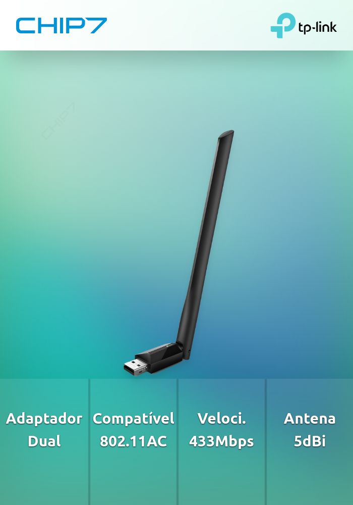 Placa de reder USB Wireless Dual Band AC 600Mbps TP-LINK - ARCHER T2U PLUS. Funcionamento a 2,4 e 5GHz.