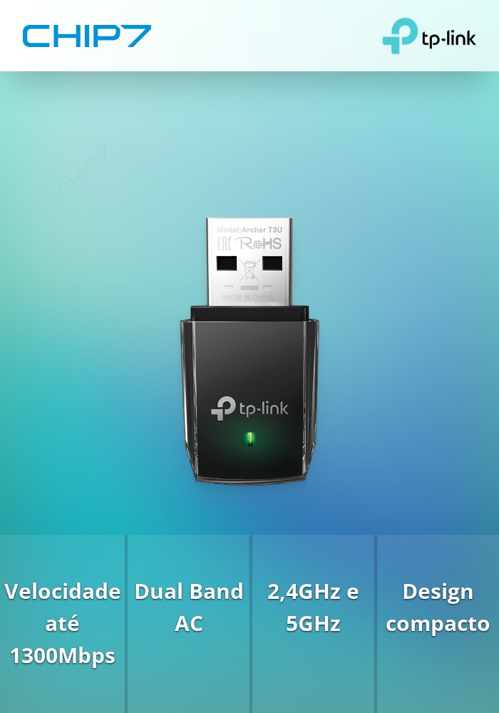 Adaptador USB Wireless Dual Band AC 1300Mbps TP-LINK - ARCHER T3U. Funcionamento a 2,4 e 5GHz.