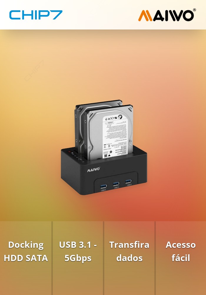 DOCKING STATION PARA 2 DISCOS RIGIDOS 2.5/3.5 SATA 3 USB 3.1 PRETA - MAIWO