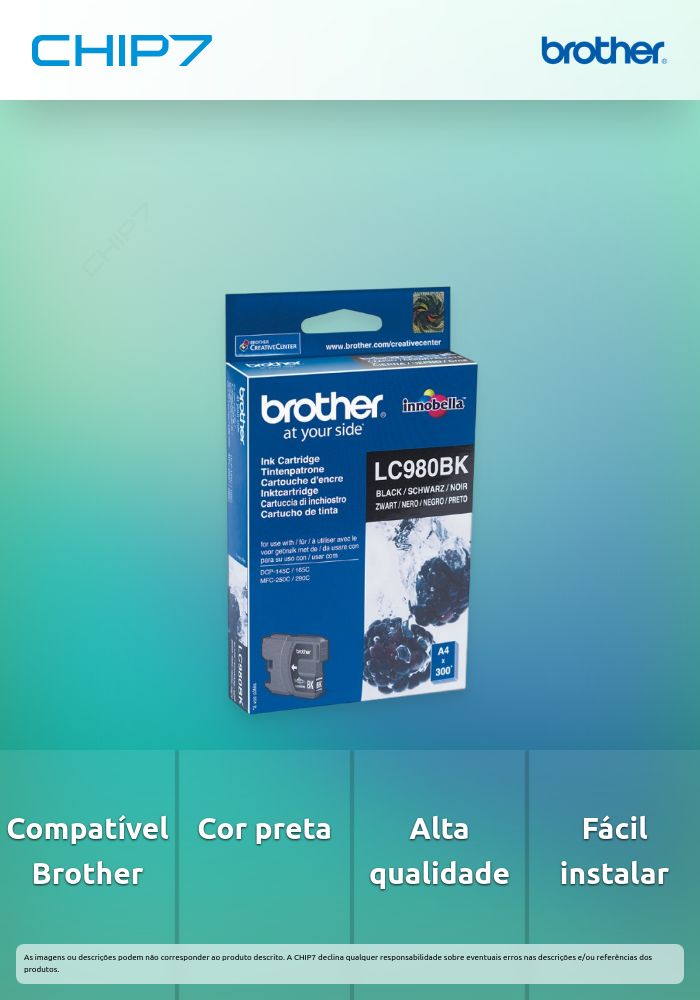 Tinteiro BROTHER LC980BK Preto - MFC-25x/29x, DCP-145C/165C/195C/375CW/365CN