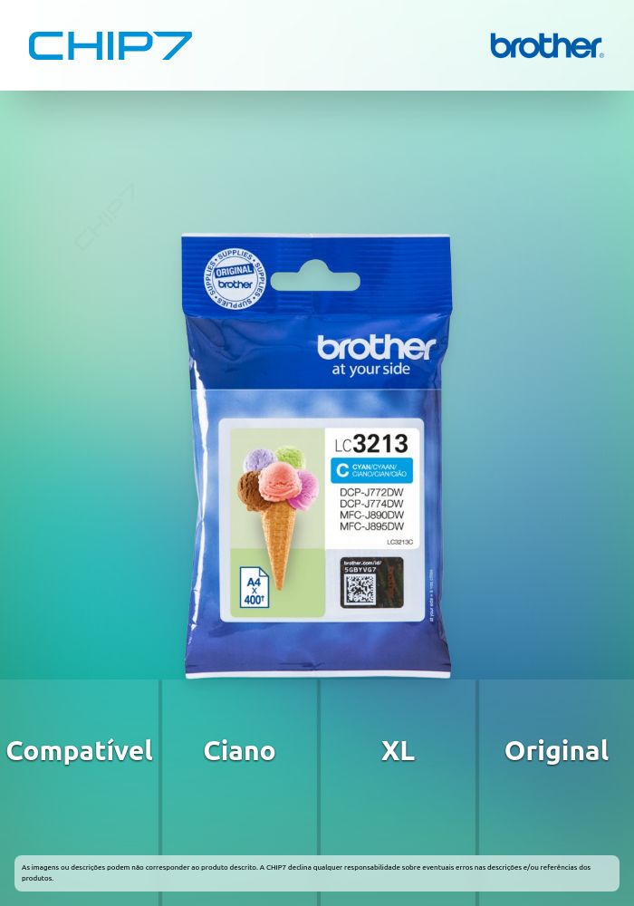 Tinteiro BROTHER LC3213C Ciano XL - DCPJ572, MFCJ491/497/890/895