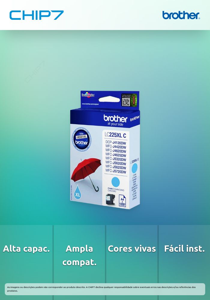 Tinteiro BROTHER LC225XLCBP Ciano 1,2k - DCP-J4120DW, MFC-J4420DW/4620DW/5x20DW