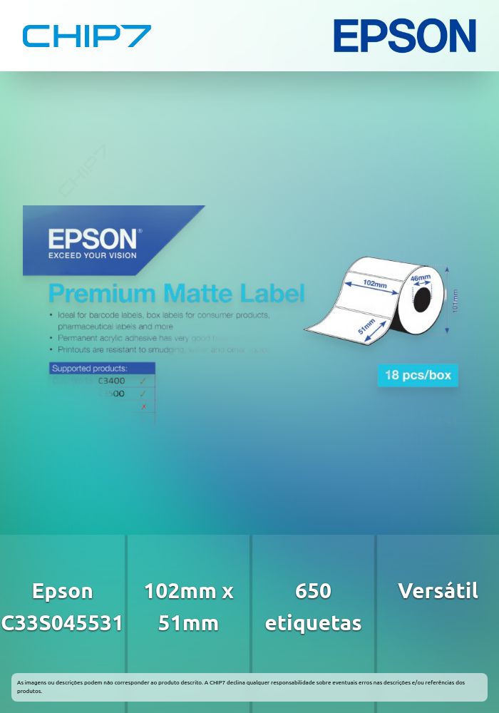 EPSON PAPEL PREMIUM MATTE LABEL 102MMX51MM 650 FOLHAS