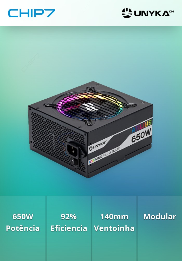 Fonte de Alimentação Gaming Atilius RGB 650W-BLACK -92% Eficiencia 140mm Full Modular