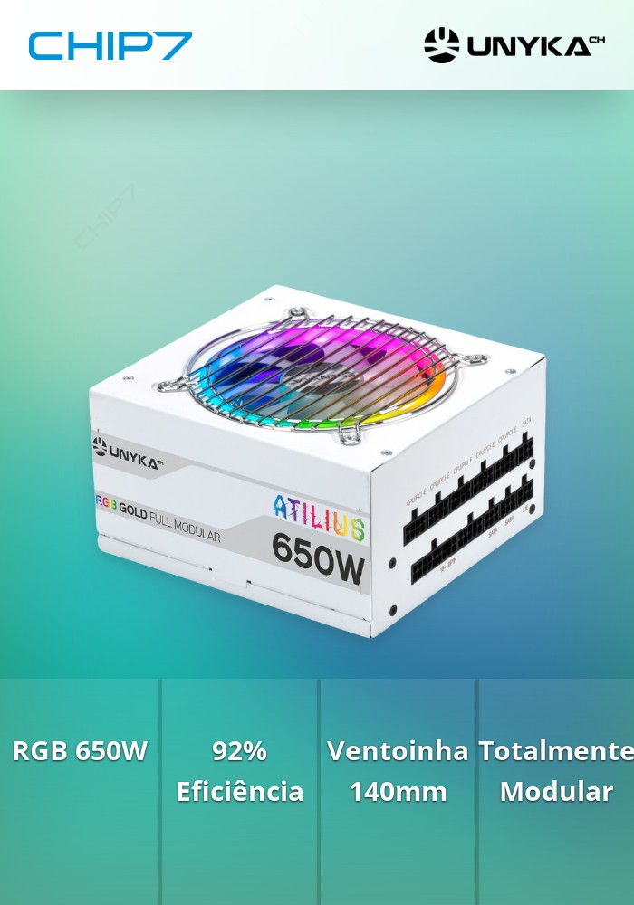 Fonte de Alimentação Gaming Atilius RGB 650W-WHITE -92% Eficiencia 140mm Full Modular