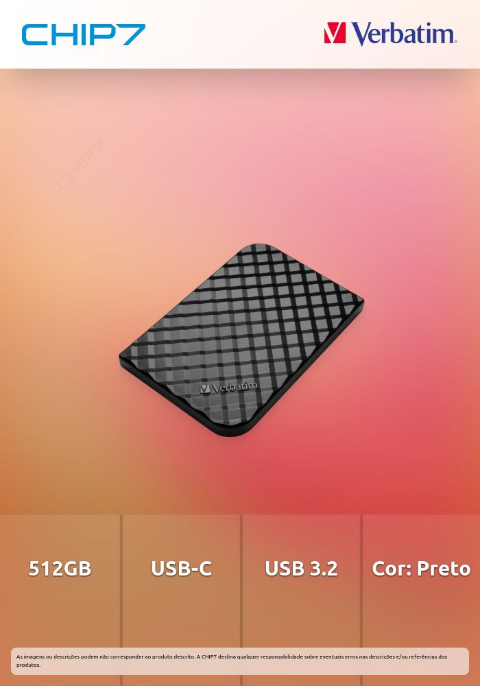 512GB SSD Disco Externo VERBATIM USB-C Com Adaptador USB 3.0