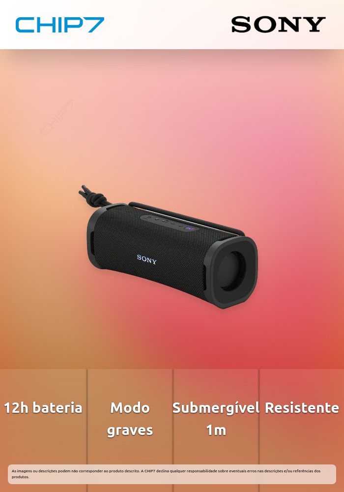 SRS-ULT10B - Coluna BT portátil, até 12h de autonomia da bateria, com um modo de potenciação de graves, submergível até 1m e resistente a impactos. Cor: preto.