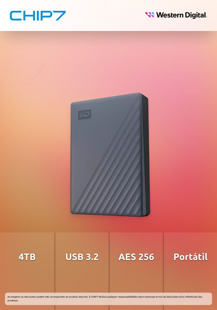 4TB HDD Disco Externo Western Digital My Passport WDBRMD0040BGY-WESN USB 3.2 Gen 1 256-bits AES