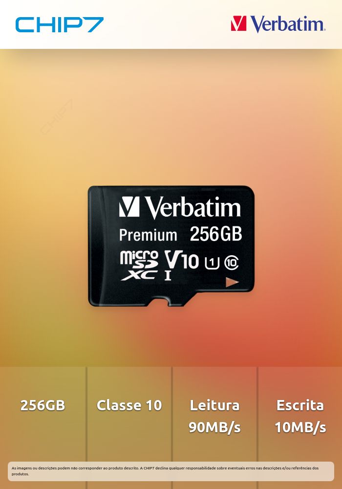 256GB Micro SDXC VERBATIM PREMIUM UHS-1 CLASS 10 Com ADAPTADOR
