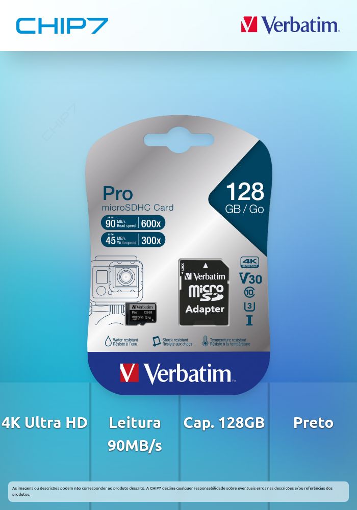 128GB Micro SDXC Pro Verbatim U3 CLASS 10 com Adaptador