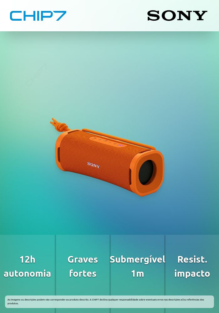 SRS-ULT10D - Coluna BT portátil, até 12h de autonomia da bateria, com um modo de potenciação de graves, submergível até 1m e resistente a impactos. Cor: laranja.