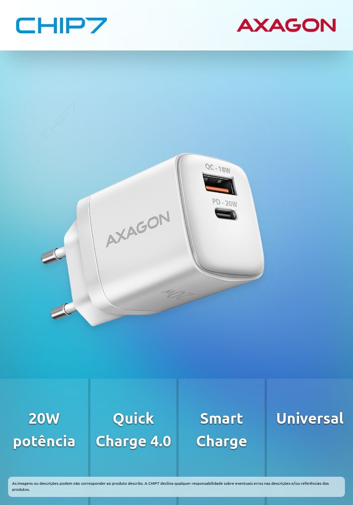 Carregador de parede AXAGON ACU-PQ20W QC3.0/AFC/FCP + PD type-C  20W Branco