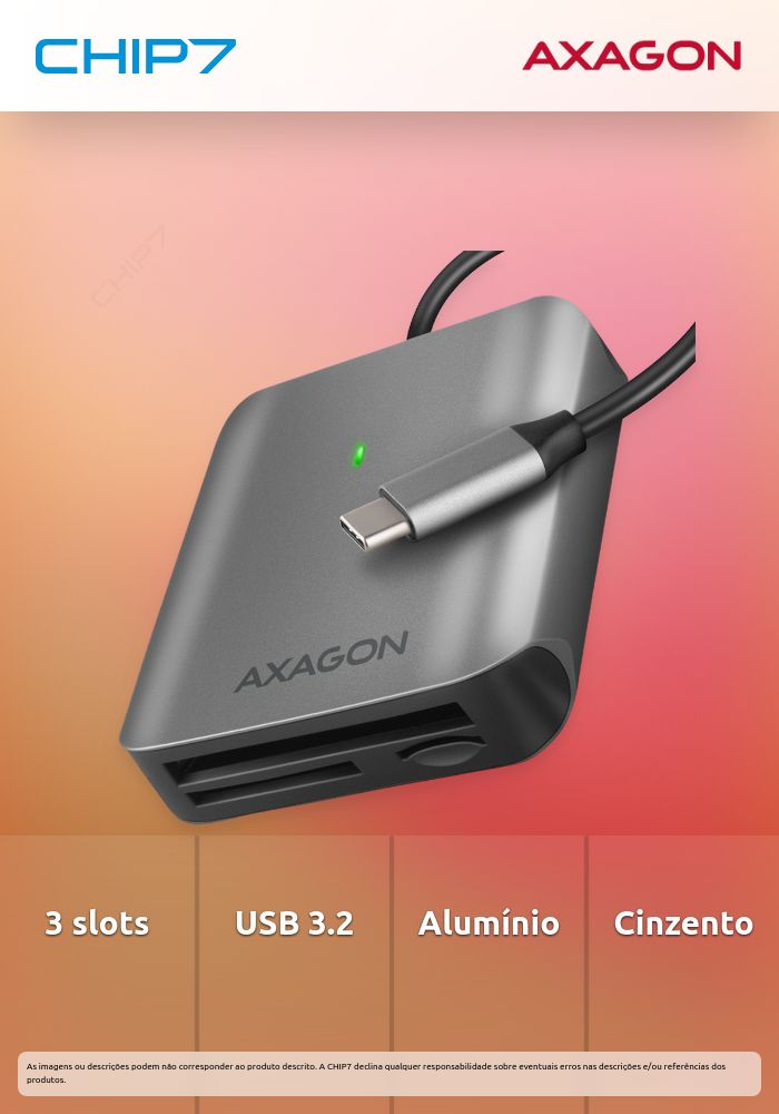 Leitor de cartões AXAGON CRE-S3C External card reader USB-C 3.2 Gen 1, 3-slot & lun SD/microSD/CF, UHS-II