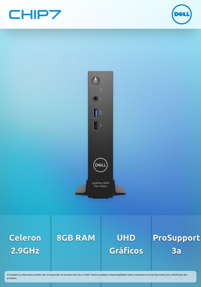 Dell OptiPlex 3000 Thin Client - Thin client - DTS - 1 x Celeron N5105 / até 2.9 GHz - RAM 8 GB - flash - eMMC 64 GB - UHD Graphics - Gigabit Ethernet - Dell ThinOS - monitor: nenhum - preto - BTS - Dell Smart Selection - com 3 Years ProSupport Next