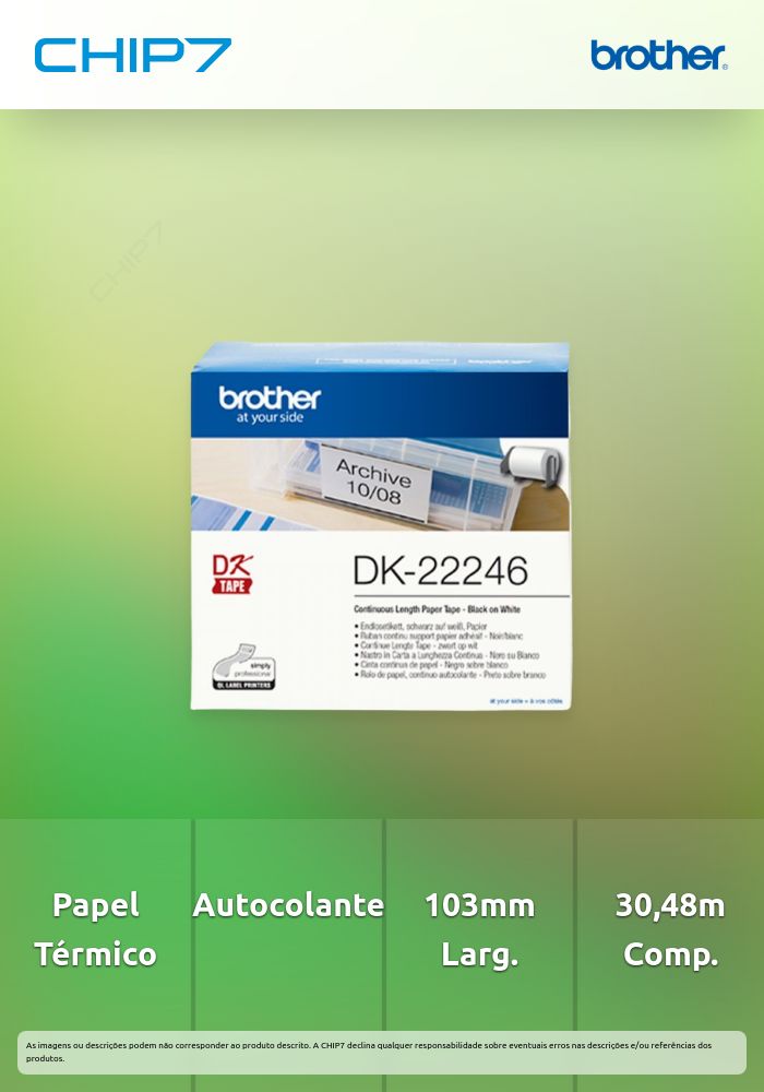 Rolo de papel. contínuo autocolante de papel térmico (branco). Largura: 103 mm. Comprimento: 30,48 m