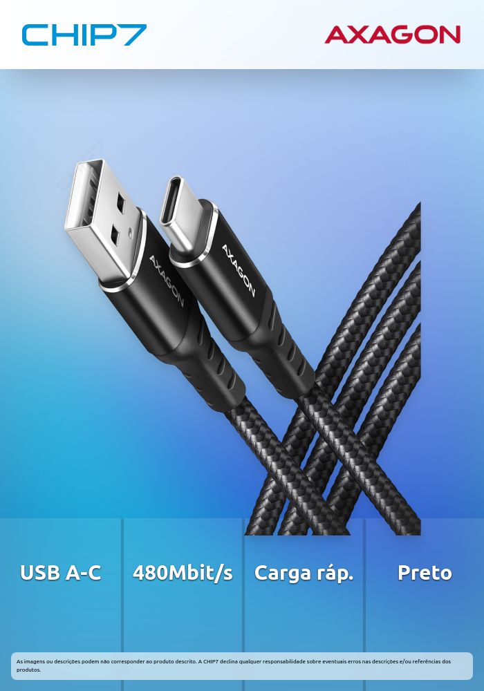 Cabo de carregamento AXAGON BUCM-AM10AB USB-C  <-> USB-A, 1m, USB 2.0, 3A, ALU, braid, Preto