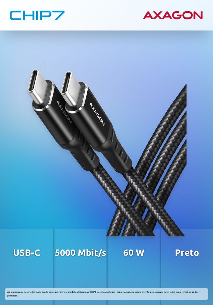 Cabo de carregamento AXAGON BUCM3-CM30AB cable USB-C  <-> USB-C 3.2 Gen 1, 3m, PD 60W, 3A, ALU, braid, Preto