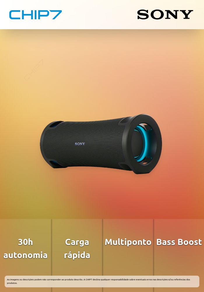 SRS-ULT70B - Coluna BT portátil, até 30h de autonomia da bateria e carregamento rápido, ligação multiponto, iluminação lateral e dois modos de potenciação de graves ULT. Cor: preto.