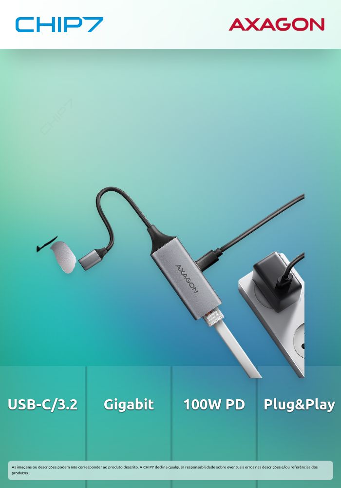 Adaptador AXAGON ADE-TXPD USB-C USB3.2 Gen 1 -  Gigabit Ethernet + PD 100W