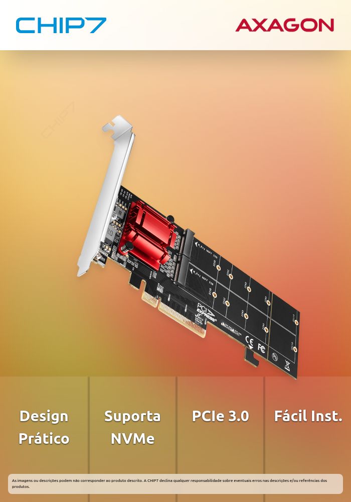 Adaptador PCIe 3.0 AXAGON PCEM2-ND 8x - dual M.2 NVMe M-key SP & LP
