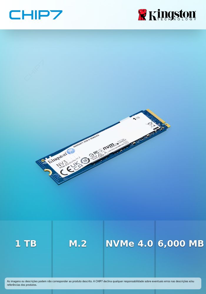 Disco SSD M.2 PCIe 4.0 NVMe Kingston 1TB NV3-6000R/4000W