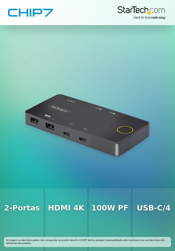 StarTech.com 2-Port USB-C KVM Switch, Single-4K 60Hz HDMI Monitor, Dual-100W Power Delivery Pass-through Ports, Bus Powered, USB Type-C/USB4/Thunderbolt 3/4 Compatible - Small Form Factor (C2-H46-UC2-PD-KVM) - Chave KVM - 2 x KVM / áudio / USB - 1 ut