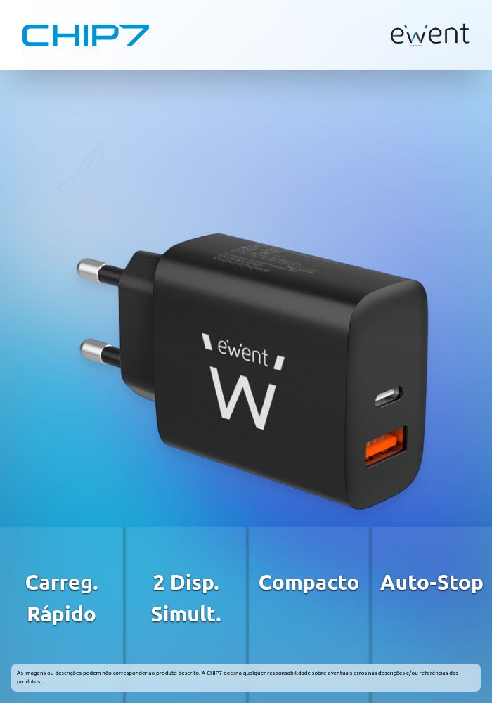 EWENT CARREGADOR FAST USB-C E USB QC3 20W BLACK
