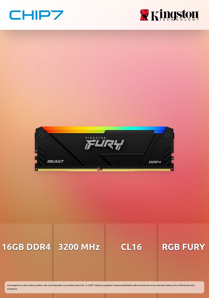 16GB RAM DDR4 Kingston 3200 MHz CL16 DIMM 1Gx8 FURY Beast RGB