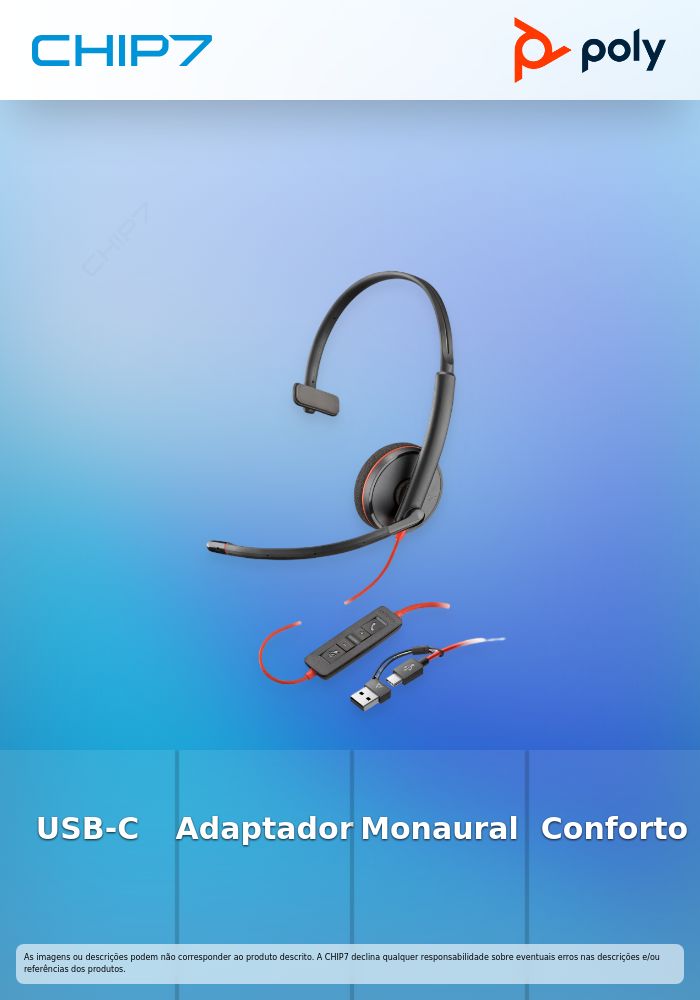 Headset Poly Blackwire 3210 Monaural USB-C + Adaptador USB-C/A (Bulk) (8X214A6)