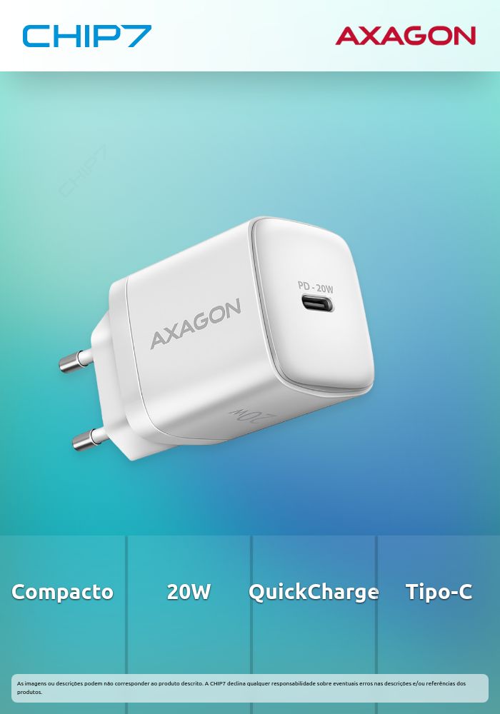 Carregador de parede AXAGON ACU-PD20W, 1 porta (USB-C), PD3.0/PPS/QC4+/AFC/Apple, 20 W, Branco